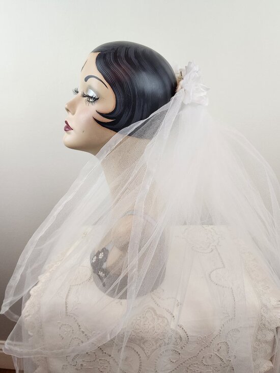 Vintage White Tulle Double Layer Wedding Bridal Veil w/ White Roses Rhinestones main image 10